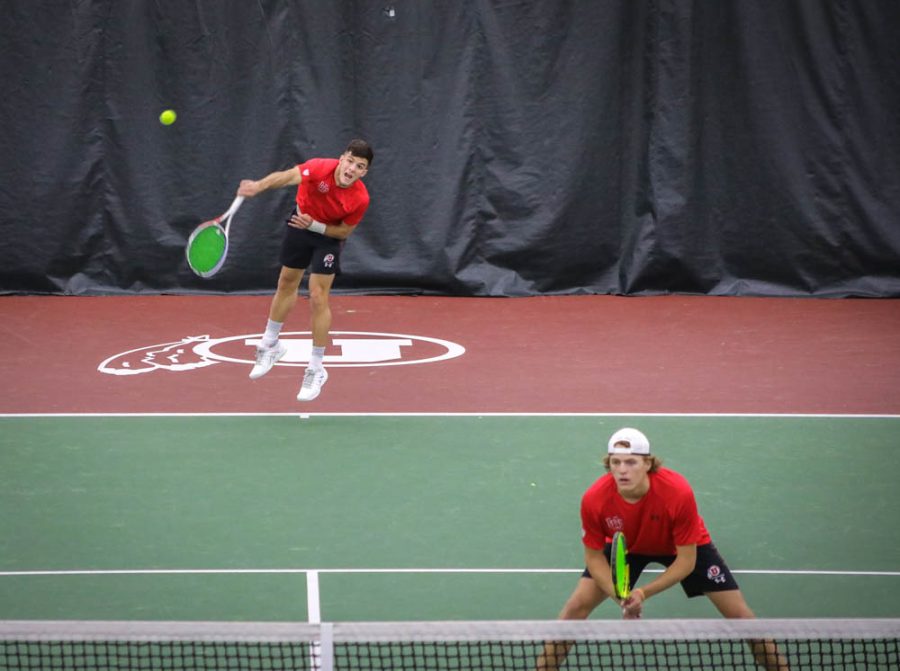 University of Utah freshmen Franco Capalbo and Wally Thayne during NCAA Tennis match against Iowa at the George S. Eccles Tennis Center in Salt Lake City, Utah on Friday, Feb. 21, 2020. (The Daily Utah Chronicle | Photo by Cassandra Palor)