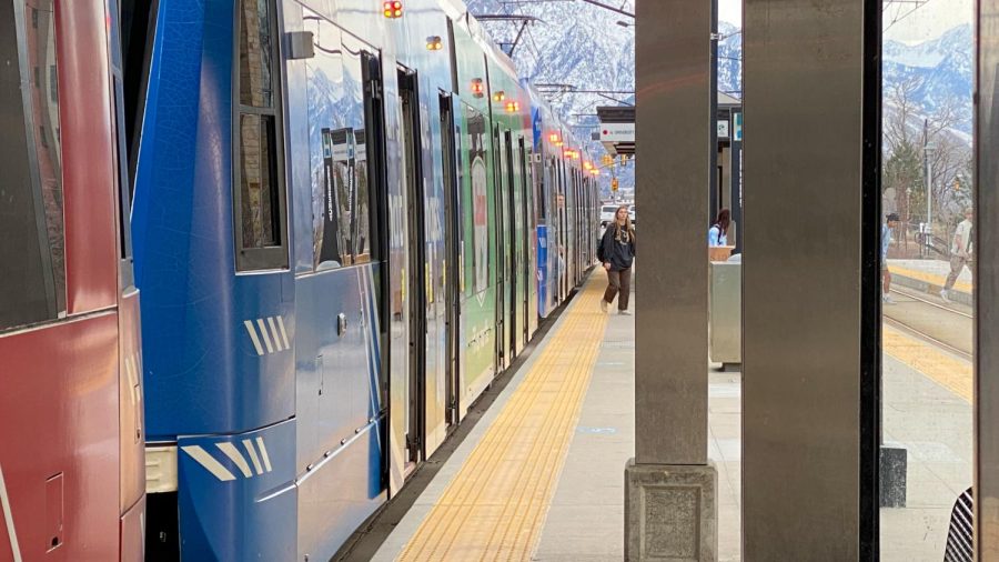 UTA TRAX passing through Fort Douglas station in Salt Lake City, on Monday, Feb. 14, 2022.