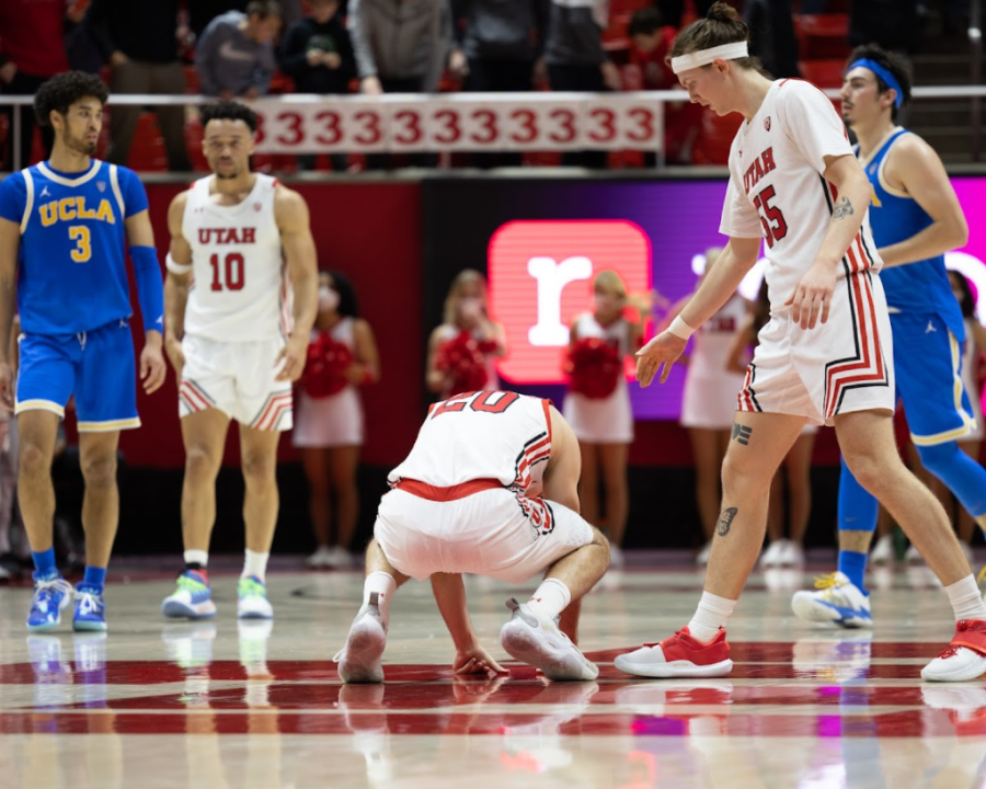Utah+basketballs+Gabe+Madsen+%28%2355%29+walks+over+to+teammate+Lazar+Stefanovic+%28%2320%29+in+the+matchup+against+the+UCLA+Bruins+at+the+Jon+M.+Huntsman+Center+in+Salt+Lake+City+on+Thursday%2C+Jan.+20%2C+2022.+%28Photo+by+Jack+Gambassi+%7C+The+Daily+Utah+Chronicle%29%0A