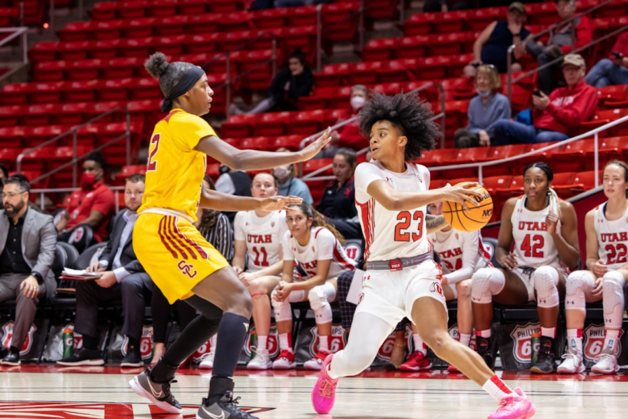 University of Utah womens basketball guard Maka Jackson plays against the USC Trojans at the Jon. M. Huntsman Center in Salt Lake City, Utah on Wednesday, Feb. 9, 2021.