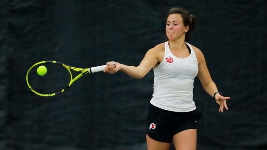 The Utah Womens Tennis player and University of Utah junior Lindsay Hung plays against the New Mexico State University in an NCAA dual Meet at the Jon M. Huntsman Tennis Center on 04 Feb. 2021 (Photo by Abu Asib | The Daily Utah Chronicle)