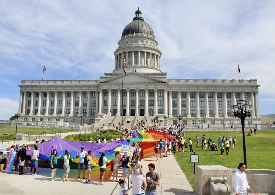 Members and allies of the LGBTQIA+ community gather for the Pride Rally at Capitol Hill in Salt Lake City on Sunday, June 6, 2021.