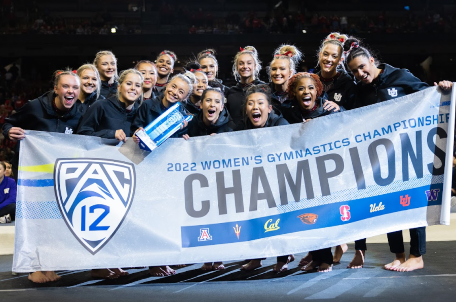 The Red Rocks celebrate as Pac-12 champions at the Maverick Center in Salt Lake City, Utah on Saturday March 19, 2022. (Photo by Jonathan Wang | The Daily Utah Chronicle)