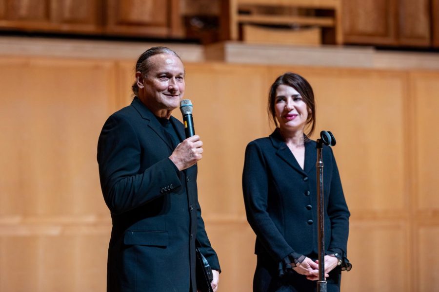 Piano Artist Christopher ORiley (left) and BACH Project Director Vedrana Subotic (right) speak to the audiences at the Libby Gardner Concert Hall in Salt Lake City on March 21, 2022. (Photo by Xiangyao Axe Tang | The Daily Utah Chronicle)