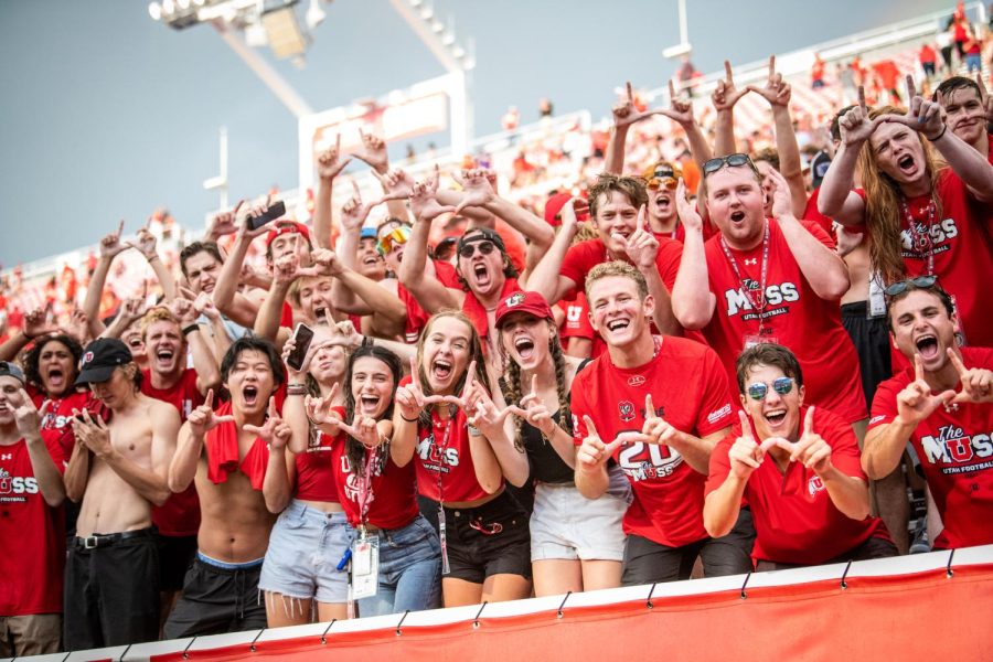 The+MUSS+%28Mighty+Utah+Student+Section%29+flashes+the+U+at+the+football+season+opener+in+Salt+Lake+City+on+Sept.+2%2C+2021.+%28Photo+by+Jonathan+Wang+%7C+The+Daily+Utah+Chronicle%29