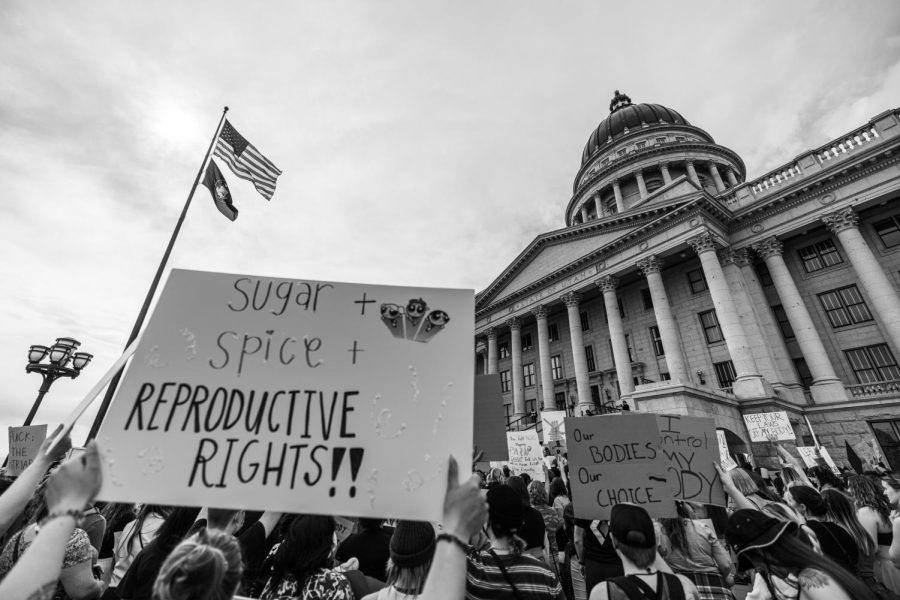 Demonstrators protest against the potential overturn of Roe v. Wade at the Utah State Capitol on May 5, 2022. (Photo by Xiangyao Axe Tang | The Daily Utah Chronicle)