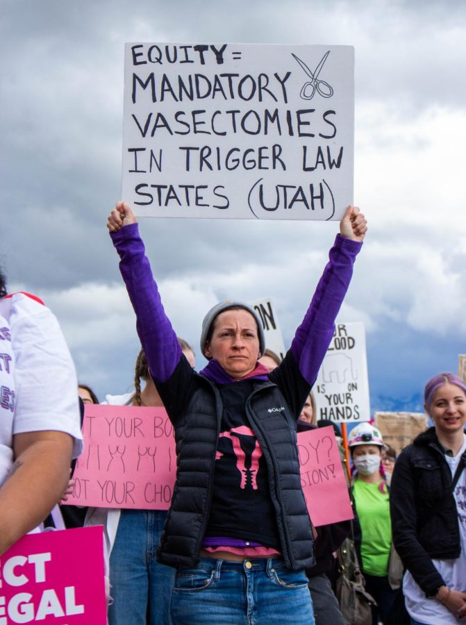 Pro-choice demonstrators gather on the Utah State Capitols steps on Tuesday, May 3, 2022. (Photo by Gwen Christopherson | The Daily Utah Chronicle)