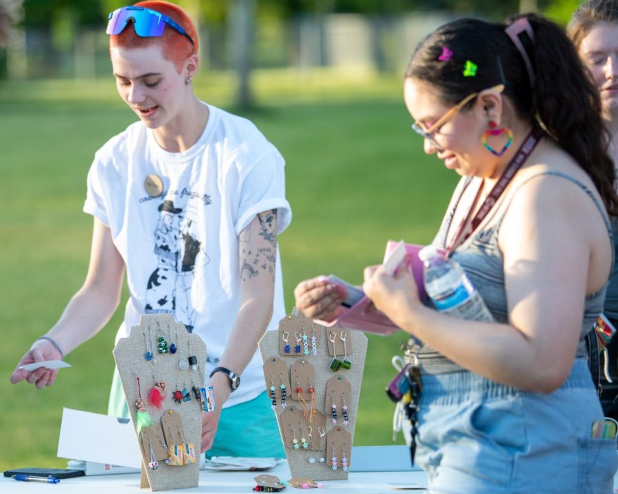 Vendors selling hand-made earrings at Pride without Police in Salt Lake City, Utah, on Friday, June 10, 2022. (Photo by Jonathan Wang | The Daily Utah Chronicle)