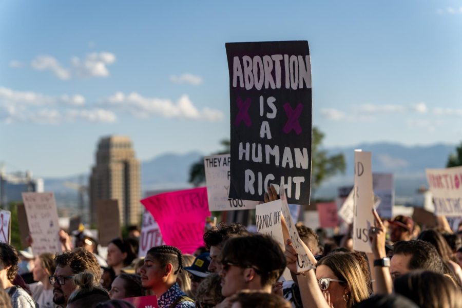 Demonstrators at the protest of the overturn of Roe v. Wade at the Utah State Capitol on Friday, June 24, 2022. (Photo by Xiangyao Axe Tang | The Daily Utah Chronicle)