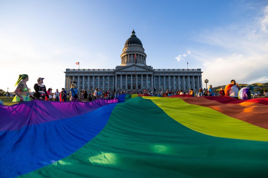Rainbow flag at the Rainbow Rally & Glow March in front of the Utah State Capitol in Salt Lake City, Utah, on June 3, 2022. (Photo by Xiangyao Axe Tang | The Daily Utah Chronicle)