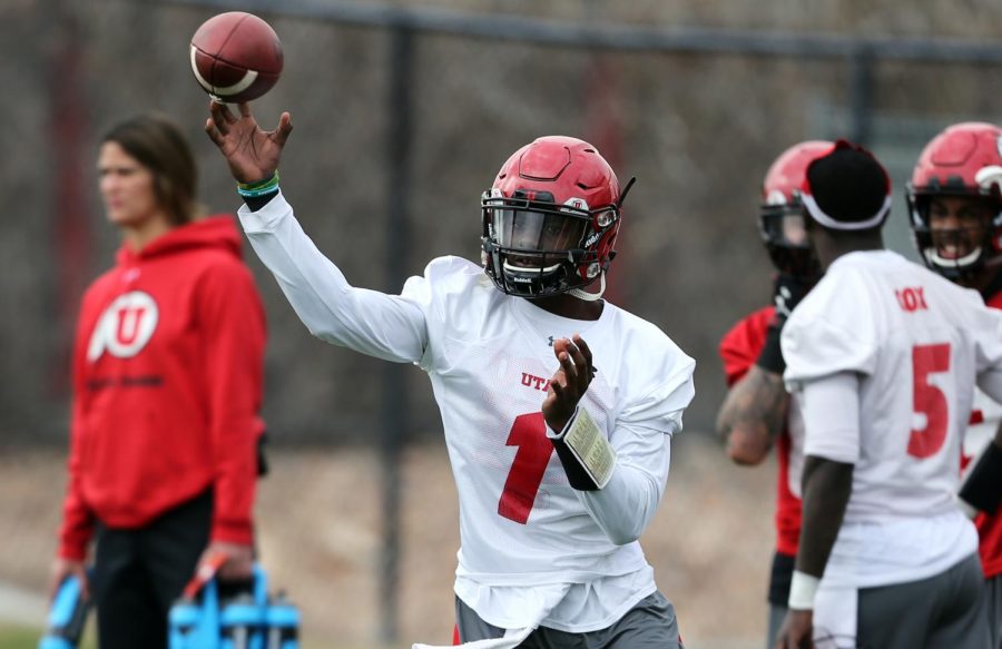 Freshman quarterback Tyler Huntley (1) participates in spring practice at the Eccles Football Center, Thursday, March, 24, 2016. (Chris Samuels, Daily Utah Chronicle)
