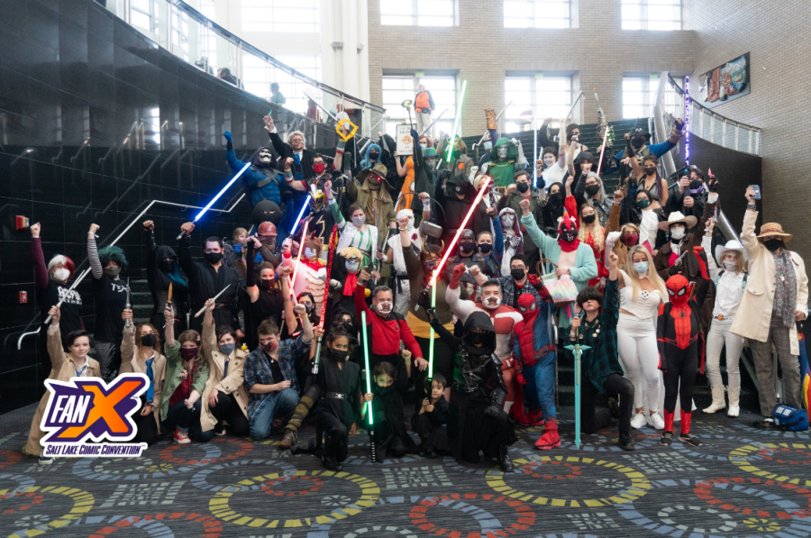 Cosplayers+gather+in+front+of+the+stairs+at+FanX+2022.+%28Courtesy+%40fanxsaltlake+on+Twitter%29