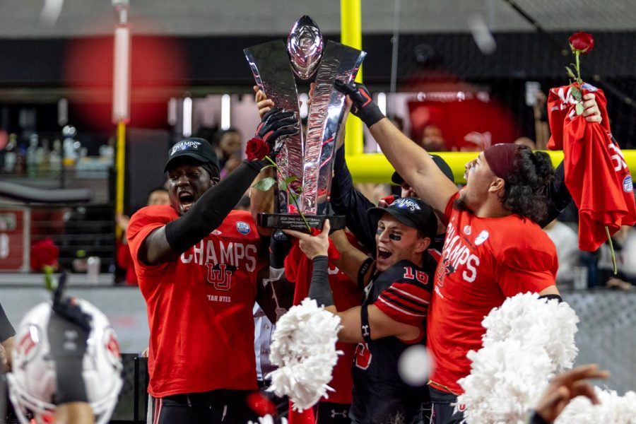 University of Utah Football team celebrates after handily defeating the University of Oregon 38-10 to win the Pac-12 Championship title at Allegiant Stadium in Las Vegas, Nevada, on Dec. 3, 2021.