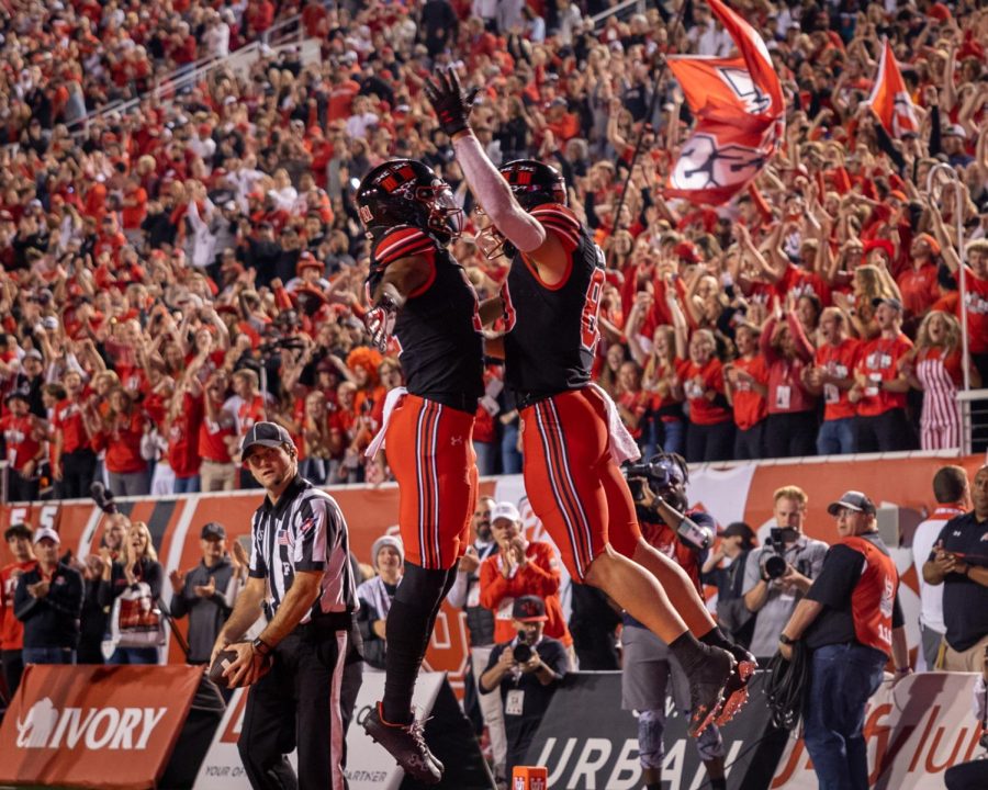 University+of+Utah+tight+end+Brant+Kuithe+%28%2380%29+celebrates+with+wide+receiver+Makai+Cope+%28%2311%29+after+scoring+a+touchdown+in+the+NCAA+football+game+against+SDSU+on+Sept.+17%2C+2022%2C+at+Rice+Eccles+Stadium+in+Salt+Lake+City.+%28Photo+by+Jack+Gambassi+%7C+The+Daily+Utah+Chronicle%29
