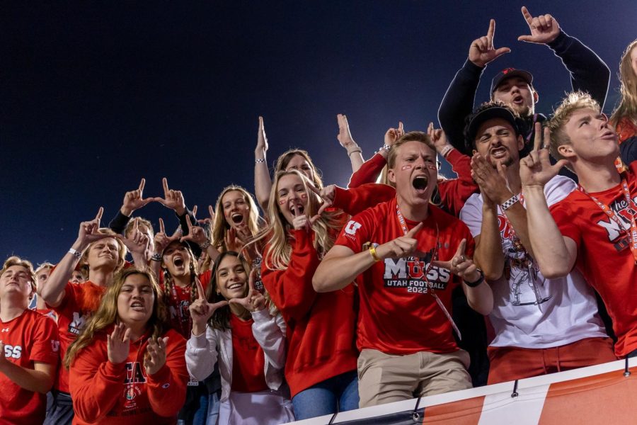 University of Utahs MUSS celebrates a touchdown during the NCAA football game against SDSU on Sept. 17, 2022, at Rice-Eccles Stadium in Salt Lake City. (Photo by Jack Gambassi | The Daily Utah Chronicle)
