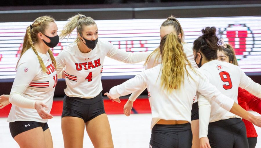 U of U Volleyball team against Colorado on Mar 21, 2021 at the Jon M. Huntsman Center on campus. (Photo by Tom Denton | The Daily Utah Chronicle)
