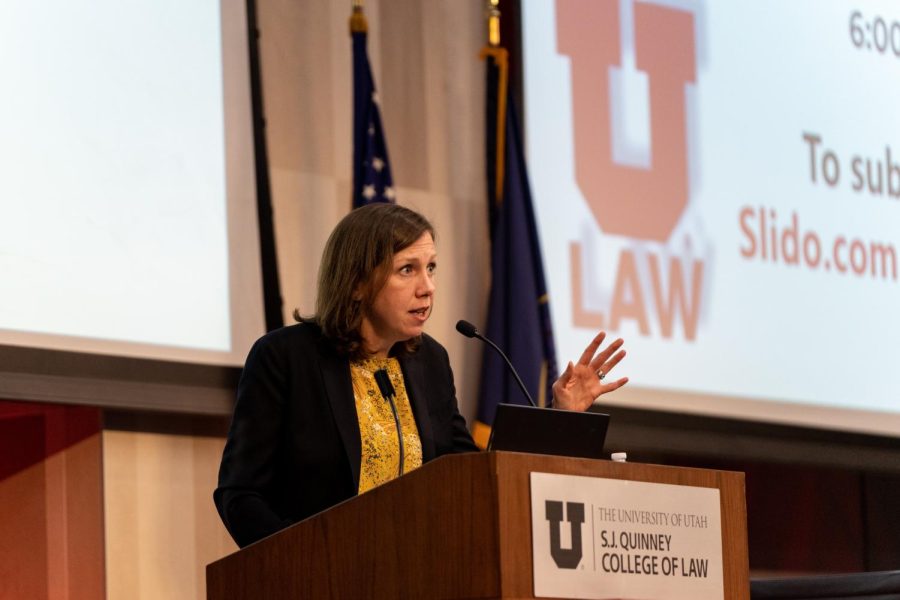 Rachel Rebouché speaks at the 39th Annual Jefferson B. Fordham Debate at S.J. Quinney College of Law in Salt Lake City on Oct. 17, 2022. (Photo by Xiangyao Axe Tang | The Daily Utah Chronicle)