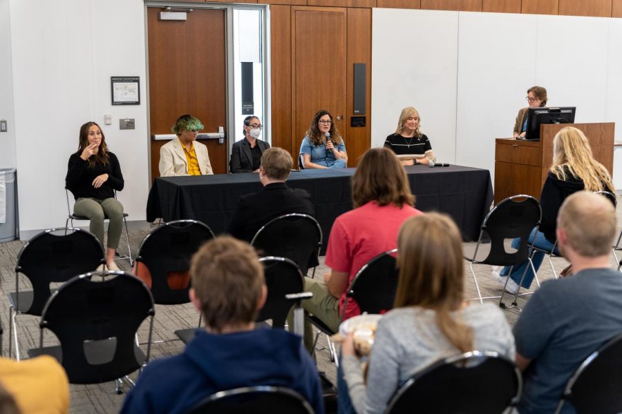 Four panelists at "Reframing the Conversation: The Power of Pronouns" at S.J. Quinney College of Law in Salt Lake City on Oct. 19, 2022.