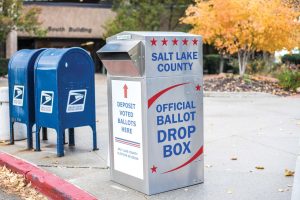 A ballot drop box for the 2018 midterm elections at the Salt Lake County Building in Salt Lake City on Oct. 23, 2018.