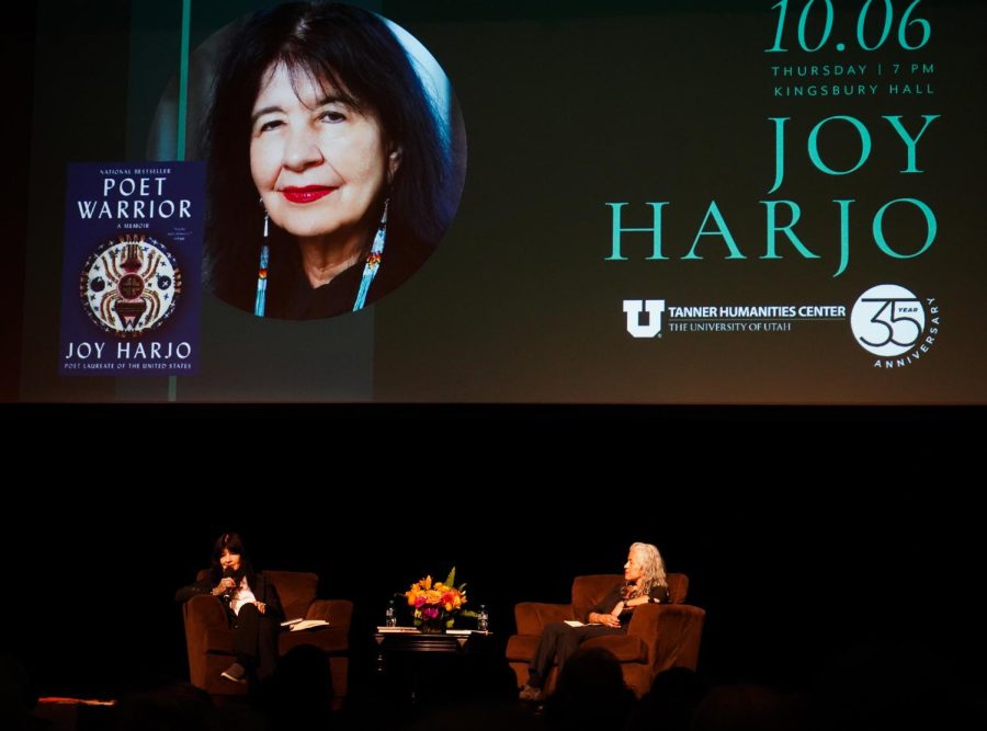 Famous Native American poet and author, Joy Harjo, reads excerpts of her poetry for the audience in Kingsbury Hall on the University of Utah campus, in Salt lake City, Utah, on Oct. 6, 2022.