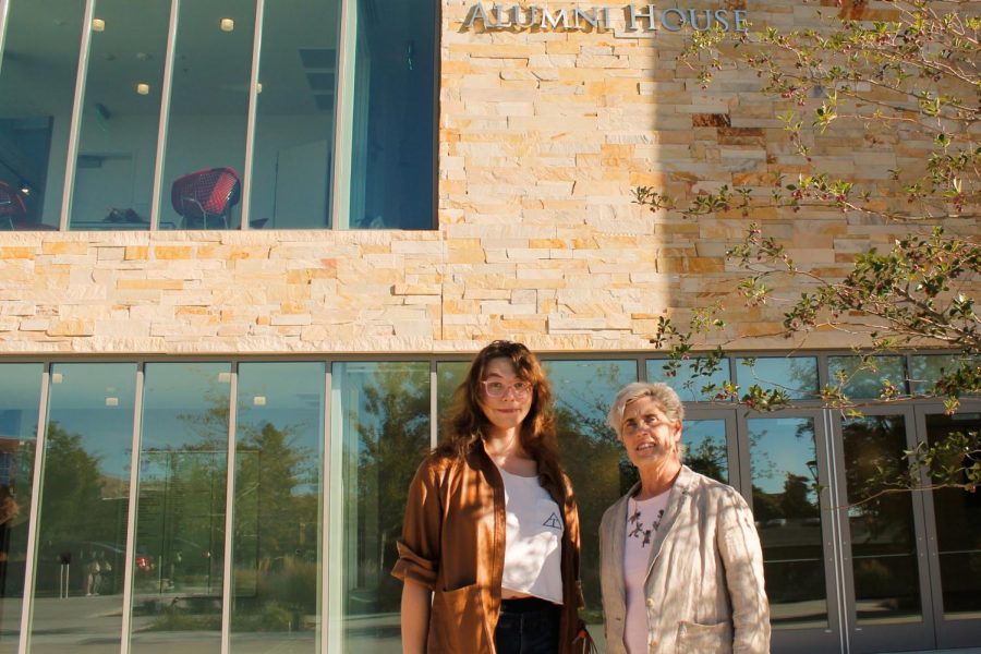 U alum Karen Ashton (right) stands with student Emma Richardson (left) in front of the Cleone Peterson Eccles Alumni House on the University of Utahs campus on Thursday, Oct. 6, 2022. (Photo by Kayleigh Silverstein | The Daily Utah Chronicle)