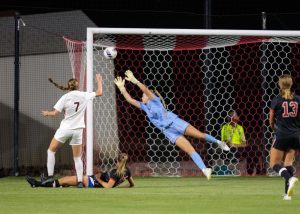 Utah Soccers Goalkeeper, Evie Vitali (#29), dives while attempting to stop the game winning shot which came in the 90th minute from Cal State, Fullertons Maddie Kline (#7) during the match at Ute Field on campus on Thursday, Sept. 1, 2022.