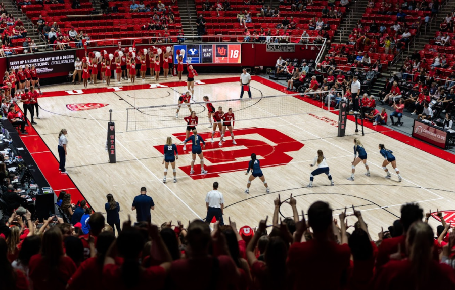 The University of Utah Womens Volleyball takes on the BYU Cougars at the Jon. M. Huntsman Center in Salt Lake City, Utah, on Sept. 15 2022. (Photo by Xiangyao Axe Tang | The Daily Utah Chronicle)