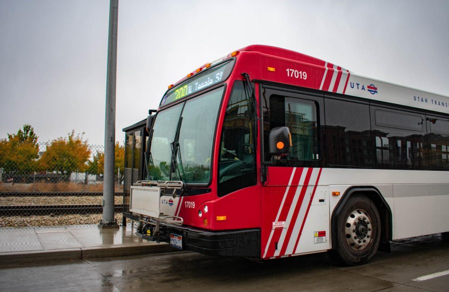 A bus run by the Utah Transit Authority (UTA) outside the North Temple Station on Saturday, Nov. 5, 2022. (Photo by Andrea Oltra | The Daily Utah Chronicle)