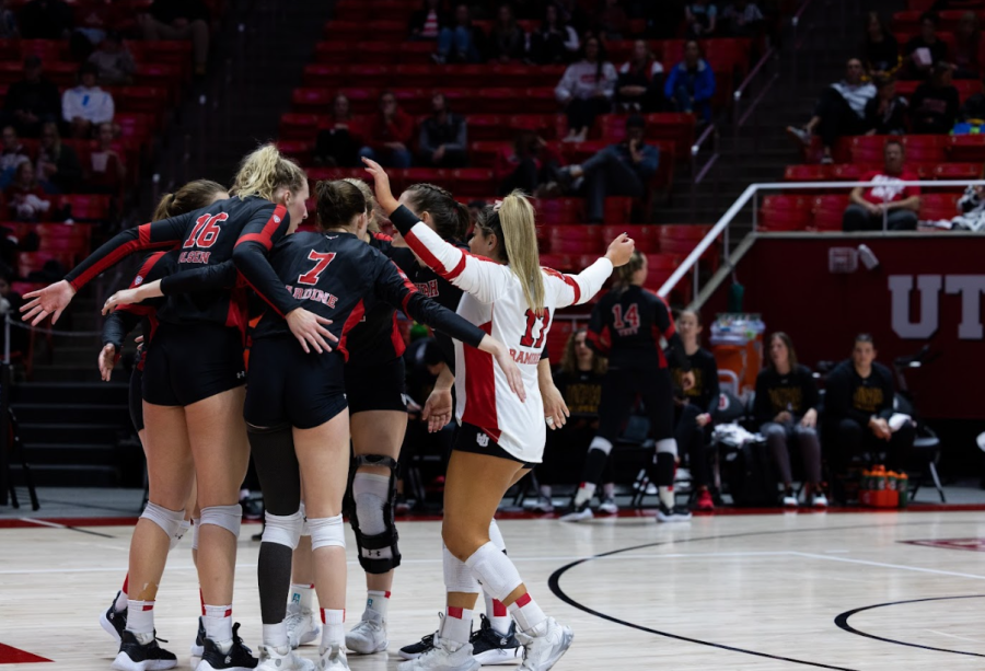 The University of Utah womens volleyball team takes on the USC Trojans at the Jon. M. Huntsman Center in Salt Lake City, Utah, on Oct. 28 2022.