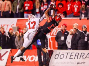 University of Utah wide receiver Devaughn Vele (#17) high points a pass from quarterback Cam Rising (#7) in the final home game of the 2022 season against Stanford on Saturday, Nov. 11, 2022 at Rice-Eccles Stadium in Salt Lake City.