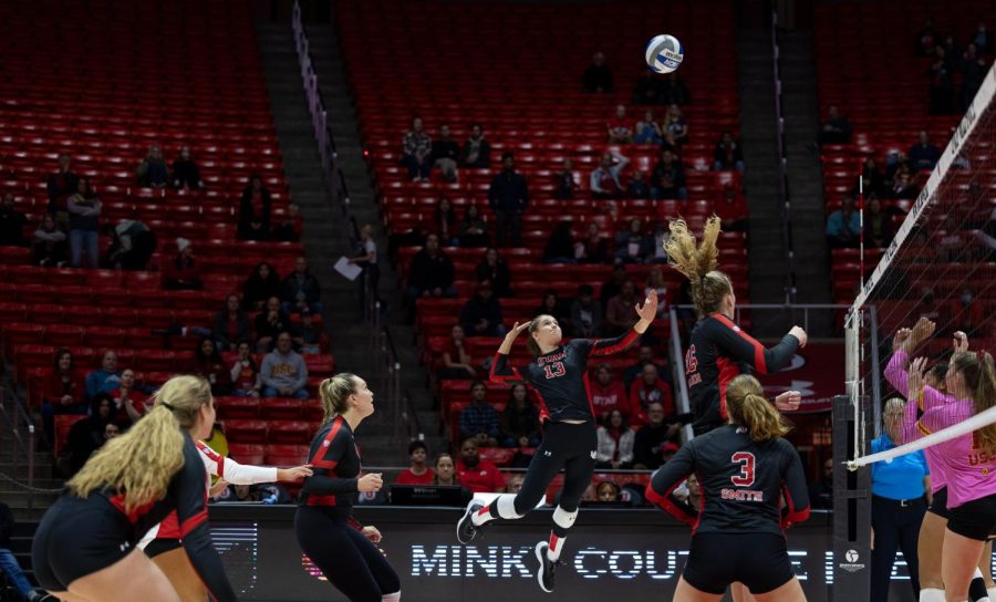 The University of Utah womens volleyball team takes on the USC Trojans at the Jon. M. Huntsman Center in Salt Lake City, Utah, on Oct. 28 2022.