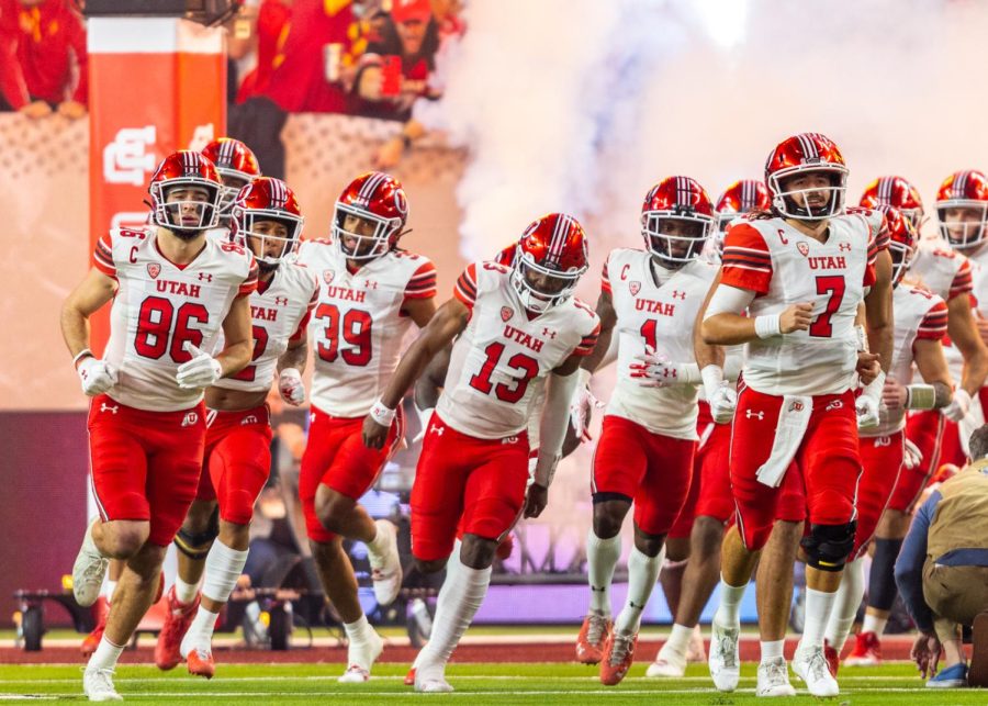 The+University+of+Utah+Utes+take+the+field+for+their+matchup+against+the+USC+Trojans+for+the+Pac-12+Football+Championship+at+Allegiant+Stadium+in+Las+Vegas%2C+NV+on+Friday%2C+Dec.+2%2C+2022.