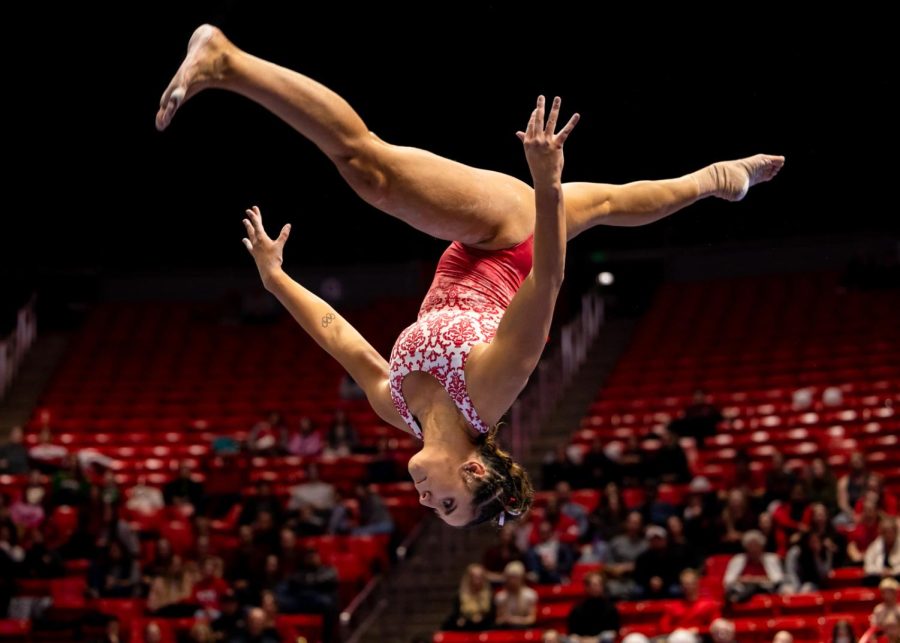 University of Utah gymnast Amelie Morgan performs her routine on beam during the Red Rocks Preview on Friday, Dec. 9, 2022 at the Jon M. Huntsman Center on campus in Salt Lake City.