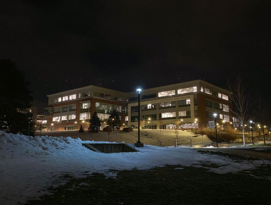 Robert H. and Katharine B. Garff Building at the University of Utah with the lights on past school hours on Monday, Jan. 16 2023.