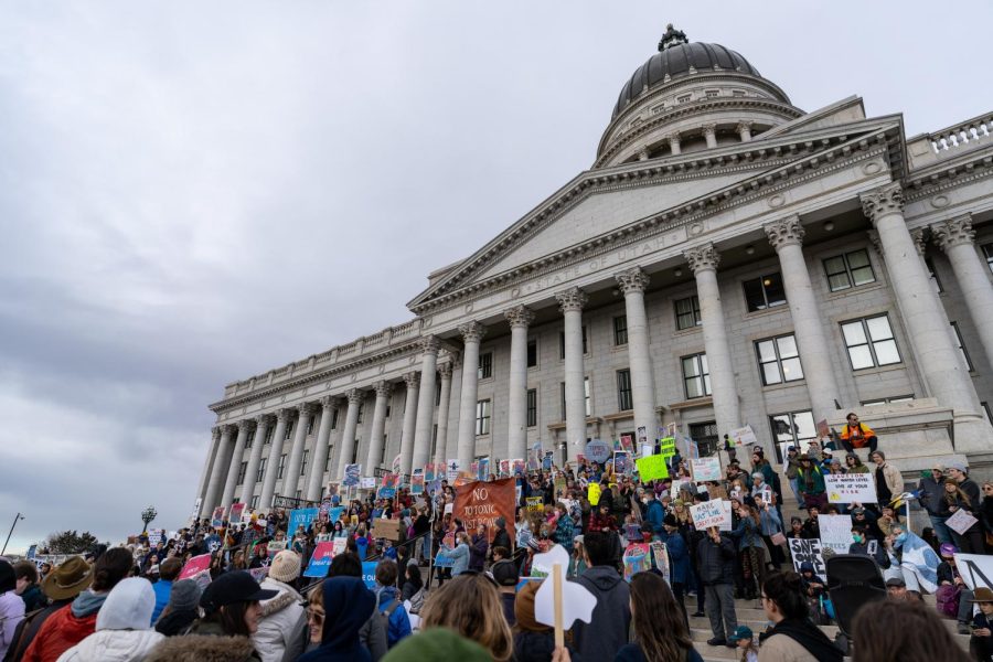 Participants at Rally To Save Our Great Salt Lake at the Utah State Capitol in Salt Lake City on Saturday, Jan. 14, 2023.