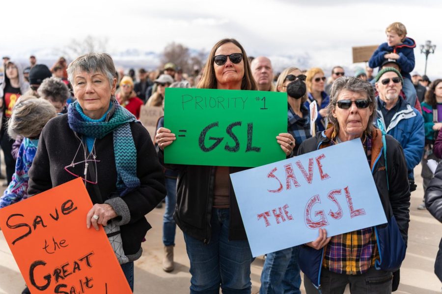 Participants at Rally To Save Our Great Salt Lake at the Utah State Capitol in Salt Lake City on Saturday, Jan. 14, 2023.