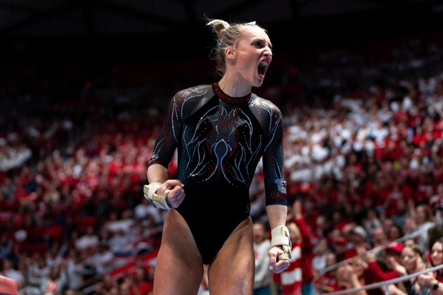 Abby Brenner celebrates in the vault event in the meet versus the LSU Tigers at the Jon M. Huntsman Center in Salt Lake City, Utah, on Jan. 6, 2023.