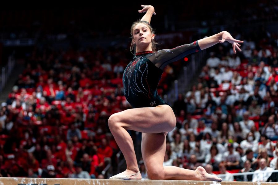 Grace McCallum in the floor event in the meet versus LSU Tigers at the Jon M. Huntsman Center in Salt Lake City, Utah, on Jan. 6, 2023. (Photo by Xiangyao Axe Tang | The Daily Utah Chronicle)