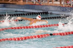 A University of Utah swimmer races during the intrasquad swim meet on Friday, Sept. 16, 2022, at Ute Natatorium on campus in Salt Lake City.