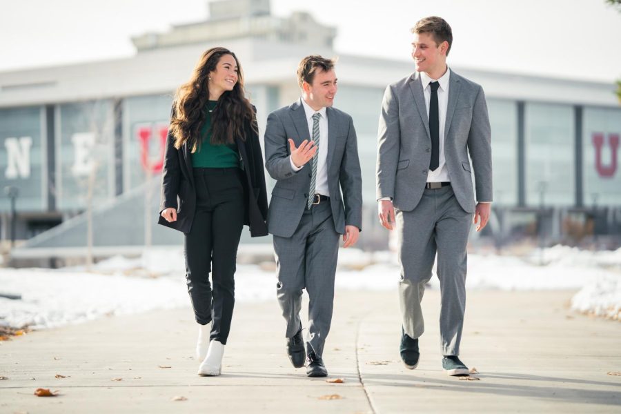 Chloe Shewell (left), Jack OLeary (middle) and Parker Madsen (right) walking on campus. They make up the OLeary ASUU Presidential Ticket.