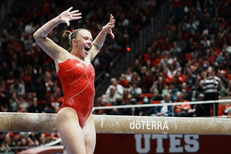 Red Rocks Maile OKeefe celebrating after a perfect 10.0 on beam at Jon M. Huntsman Center on Friday, Feb. 3, 2023. (Photo by Xiangyao Tang | The Daily Utah Chronicle)