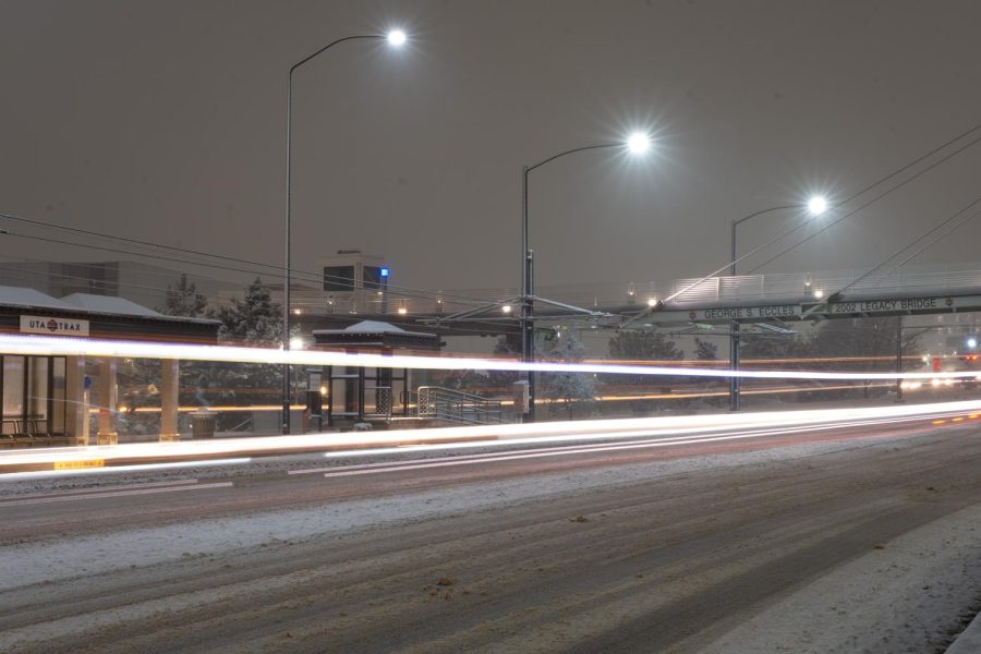 The UTA TRAX red line passing through the Fort Douglas station in Salt Lake City, Tuesday, Feb. 21, 2023. (Photo by Marco Lozzi | The Daily Utah Chronicle)