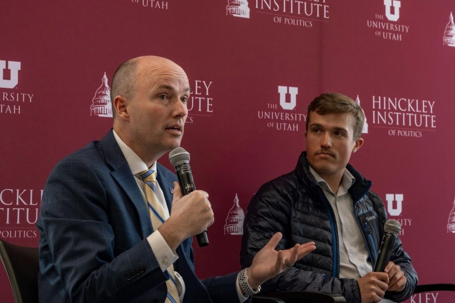 Utah Gov. Spencer J. Cox speaks alongside Benji Backer during the Climate Innovation in a Red State forum at the Hinckley Institute of Politics in Salt Lake City on Monday, Feb. 27, 2023.