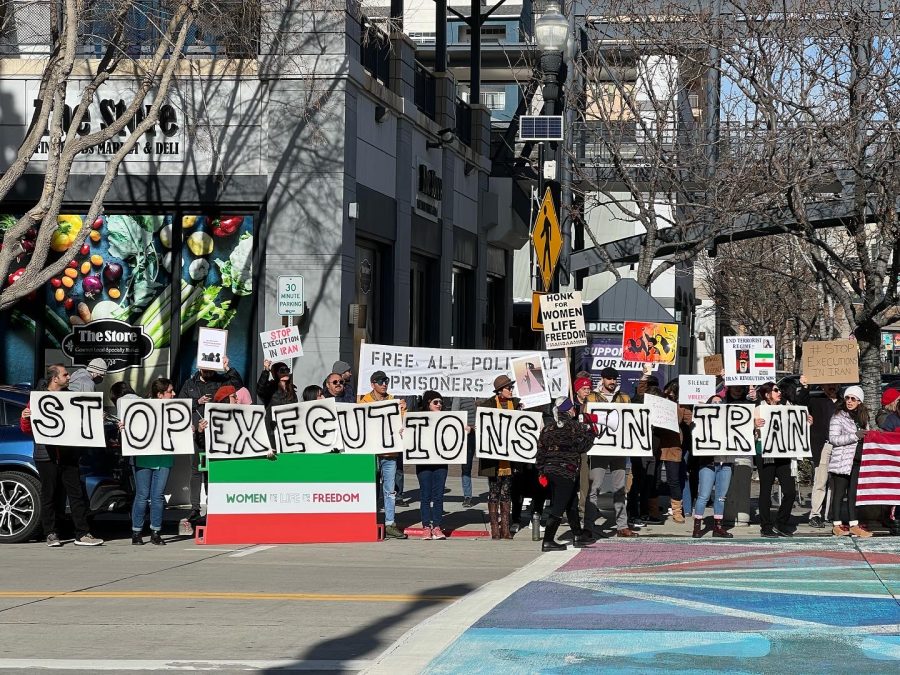 Demonstrators protest against the executions in Iran at The Gateway in Salt Lake City on Jan. 7, 2023. The demonstration was organized by FreeIranSLC because two protesters were executed by the Islamic Regime that day. (Photo courtesy of the Persian Students Association)