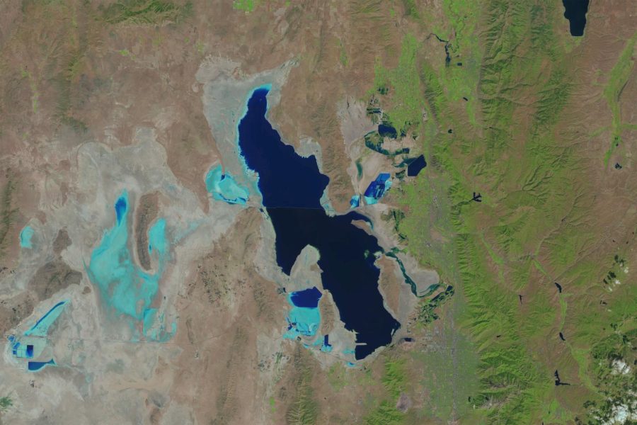 A satellite image of the Great Salt Lake in September of 2022. 