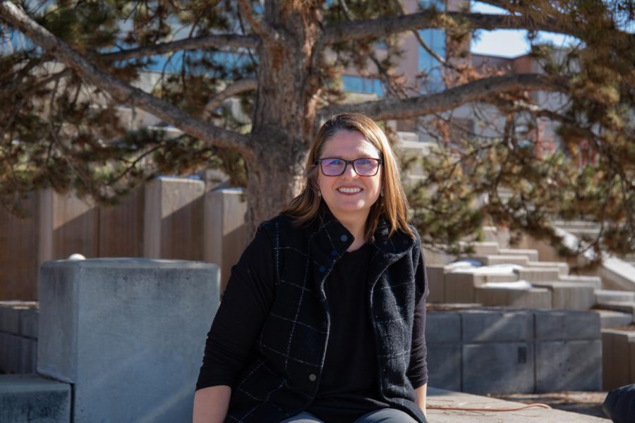 Jody Rowser, a history major student at the University of Utah, poses in front of the J. Willard Marriott Library in Salt Lake City on Feb. 13, 2023.