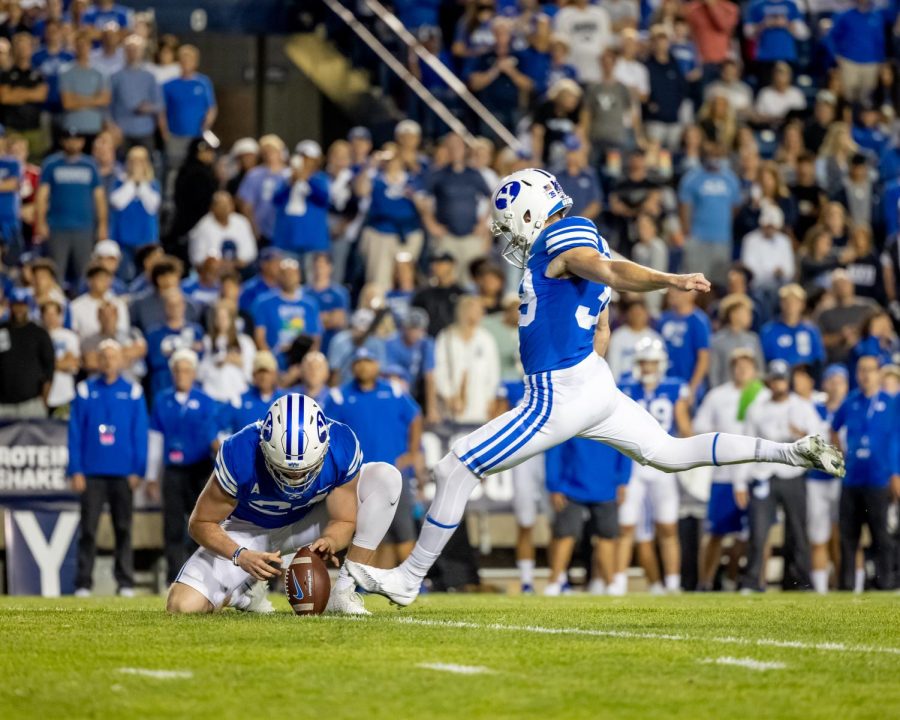 BYUs Jacob Oldroyd (39) and Ryan Rehkow (24) in the game against University of Utah Utes at the LaVell Edwards Stadium in Provo, Utah on Sept. 11, 2021.