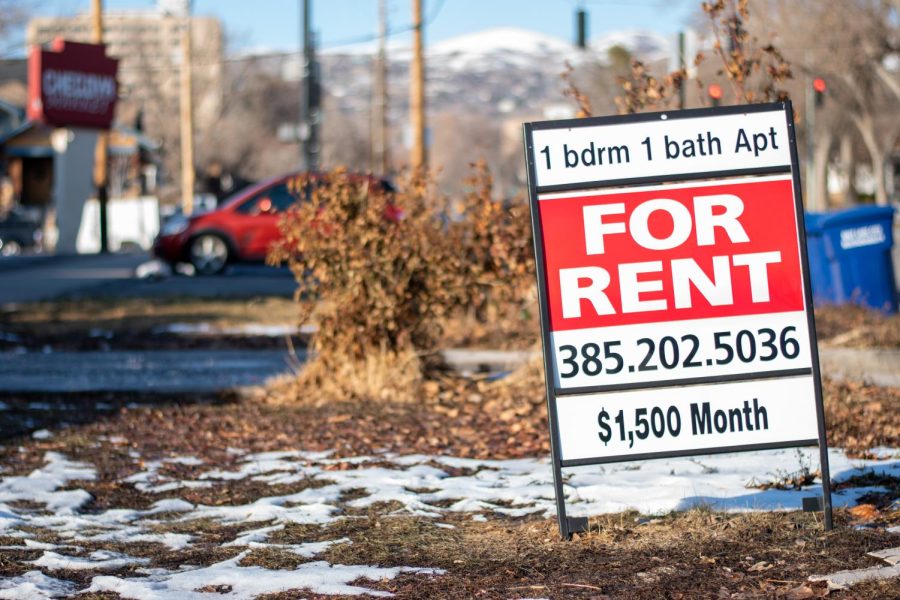 A for rent sign on display outside of an apartment in the East Central Neighborhood of Salt Lake City on Tuesday, Feb. 7, 2023.