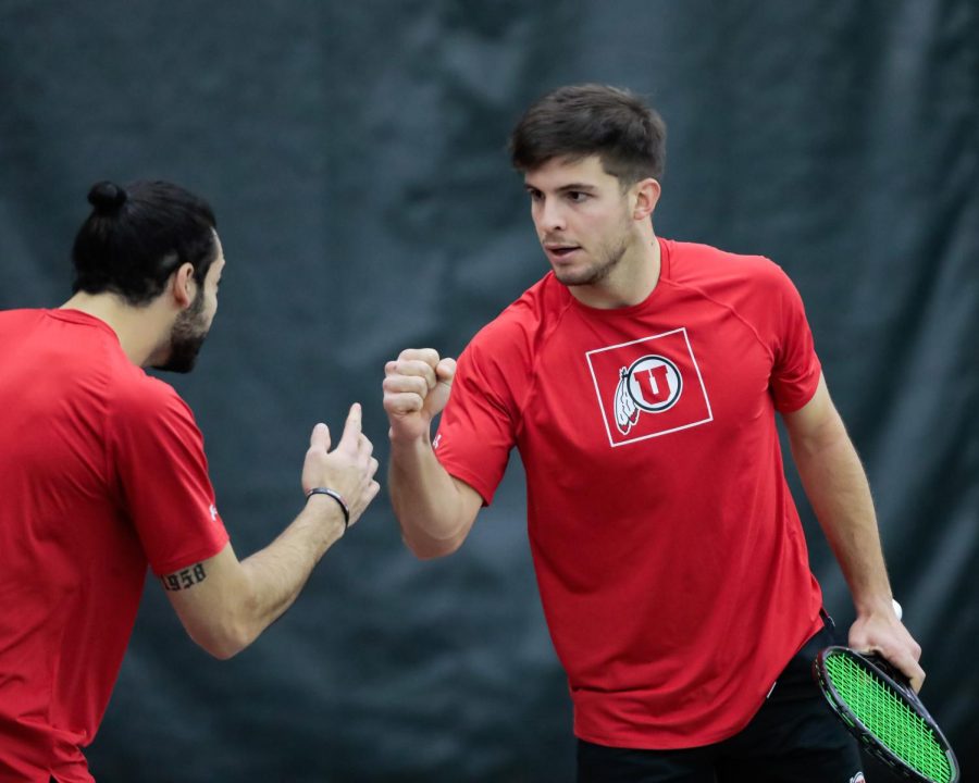 Utah Mens Tennis players Geronimo Espin Busleiman and Franco Capalbo celebrate their doubles win during an NCAA dual meet against the Idaho State Bengals at the George Eccles Tennis Center in Salt Lake City on Jan. 30, 2021