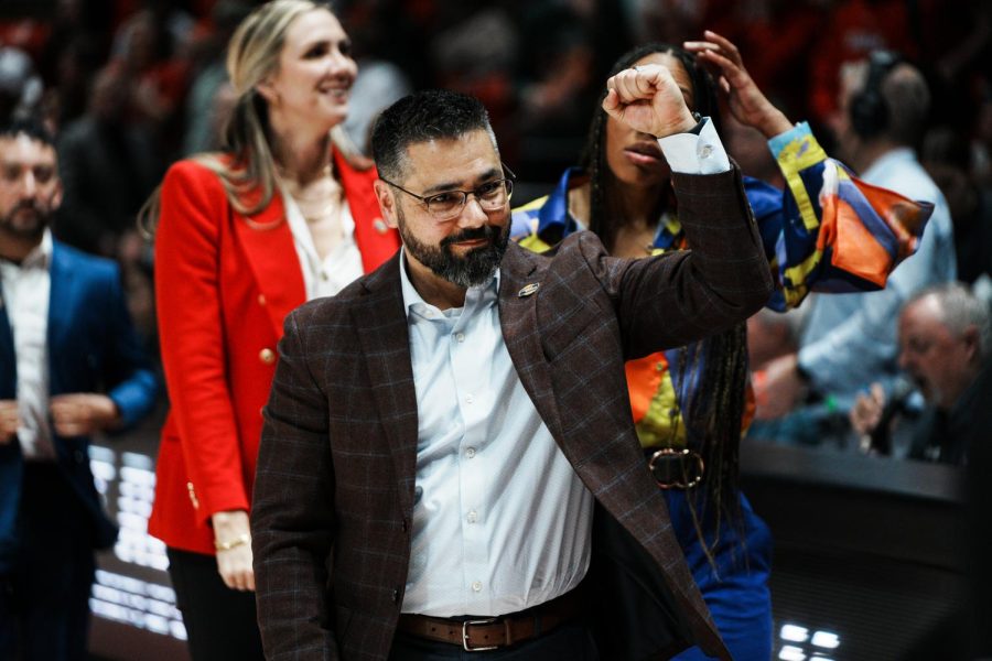 The University of Utah women’s basketball Utah associate head coach Gavin Petersen celebrates after the win against Gardner-Webb Bulldogs at Jon M. Huntsman Center in Salt Lake City on Friday, March 17, 2023.